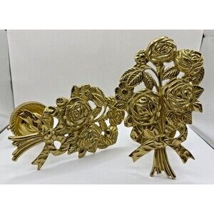 2 VTG Brass Drapery Curtain Floral Roses Daisies Bows Tiebacks Hold backs Taiwan